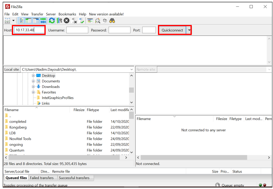 Launch FileZilla and enter the IP address of the LD8 in the Host box then click Quickconnect